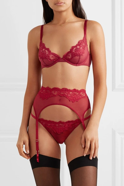 Shop Myla Beaty Street Stretch-tulle And Leavers Lace Suspender Belt In Red
