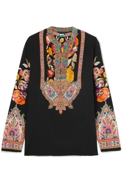 Shop Etro Printed Twill-trimmed Silk-crepe Blouse In Black