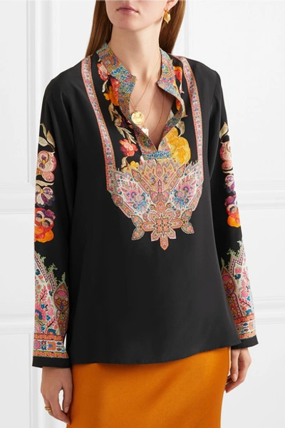 Shop Etro Printed Twill-trimmed Silk-crepe Blouse In Black