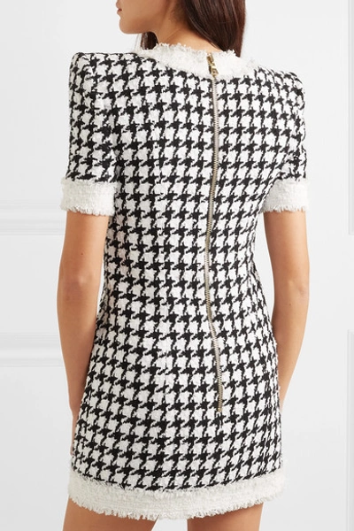 Shop Balmain Button-embellished Houndstooth Tweed Mini Dress In Black