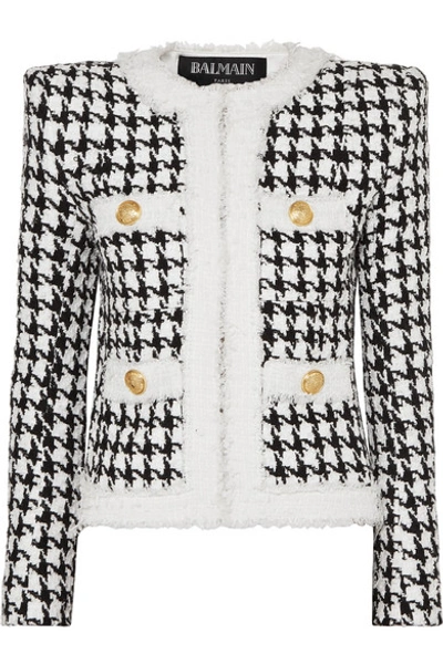 Shop Balmain Button-embellished Houndstooth Tweed Blazer