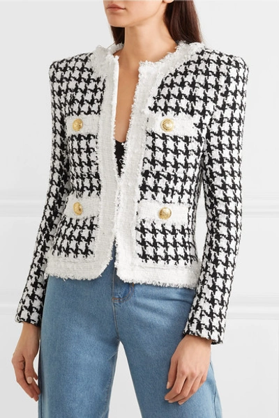 Shop Balmain Button-embellished Houndstooth Tweed Blazer