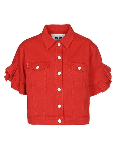 Shop Msgm Cropped Ruffle Sleeve Jacket In Red