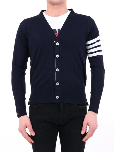 Shop Thom Browne Stripe Detail Cardigan In Blue