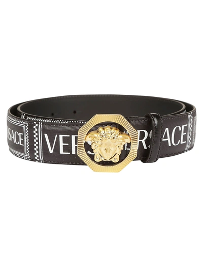 Shop Versace Logo Branded Buckle Belt In Black