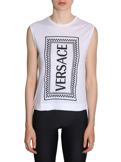 Shop Versace Vertical Logo Capped Sleeves T In White