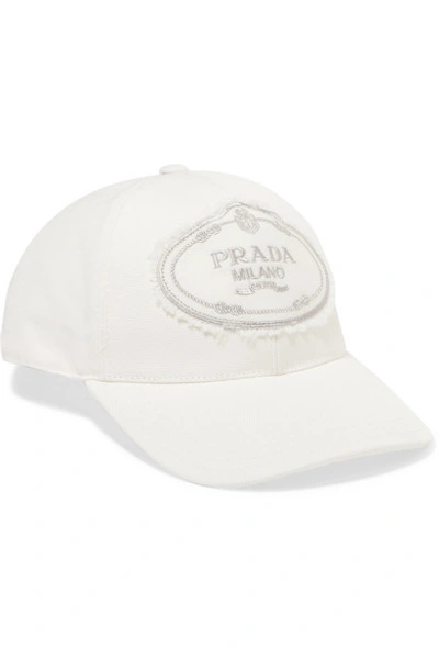 Shop Prada Embroidered Cotton-canvas Baseball Cap In White