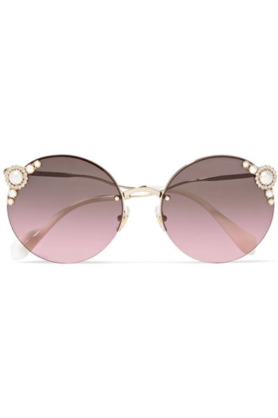 Shop Miu Miu Round-frame Embellished Gold-tone Sunglasses