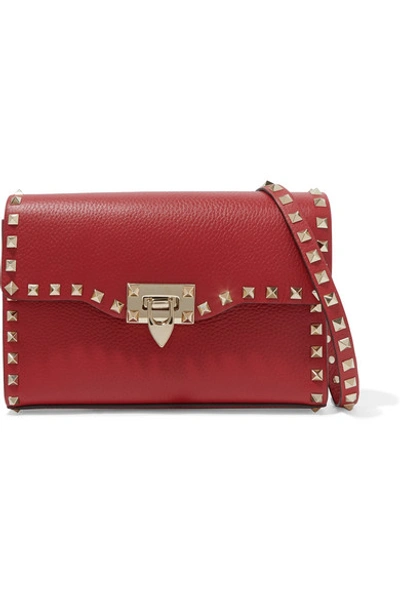 Shop Valentino Garavani The Rockstud Textured-leather Shoulder Bag In Red