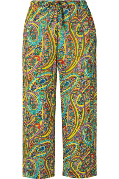 Shop Etro Coromell Cropped Printed Crinkled Crepe De Chine Wide-leg Pants In Blue