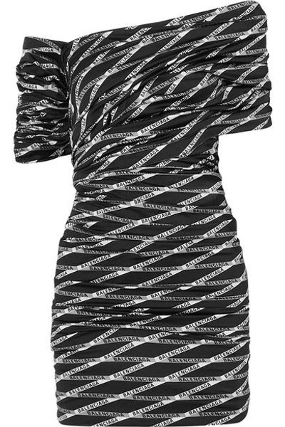 Shop Balenciaga Off-the-shoulder Ruched Printed Stretch-satin Mini Dress In Black