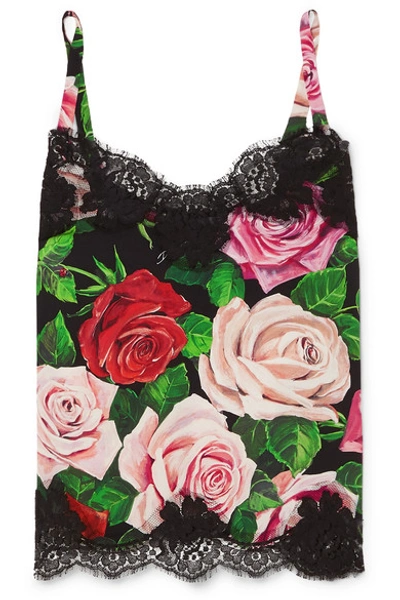 Shop Dolce & Gabbana Lace-trimmed Floral-print Silk-blend Camisole In Black