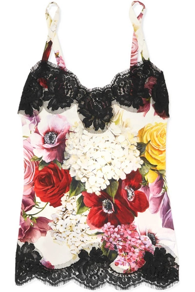 Shop Dolce & Gabbana Lace-trimmed Floral-print Silk-blend Camisole In White