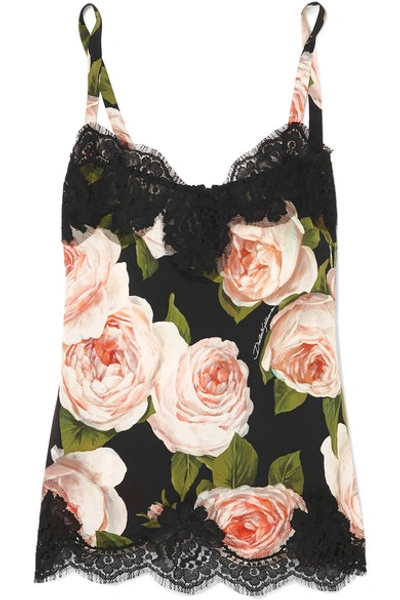 Shop Dolce & Gabbana Lace-trimmed Floral-print Silk-blend Camisole In Green