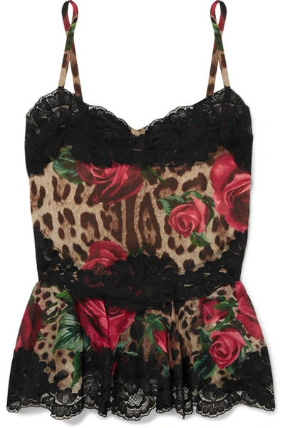 Shop Dolce & Gabbana Lace-trimmed Printed Silk-blend Chiffon Camisole In Leopard Print