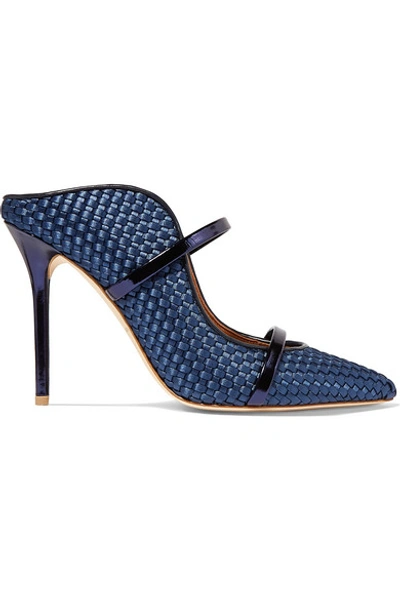 Shop Malone Souliers Maureen Metallic Leather-trimmed Woven Satin Mules In Navy