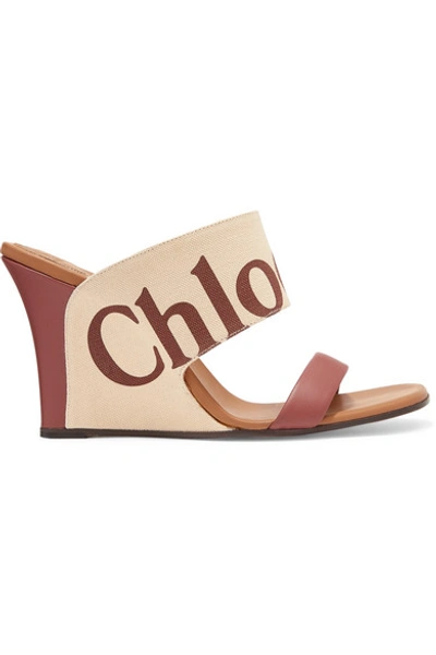 Shop Chloé Verena Logo-print Canvas And Leather Wedge Sandals In Brown
