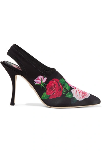 Shop Dolce & Gabbana Floral-print Stretch-jersey Slingback Pumps In Black