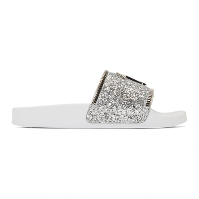Shop Giuseppe Zanotti Silver Glitter Blytter Slides