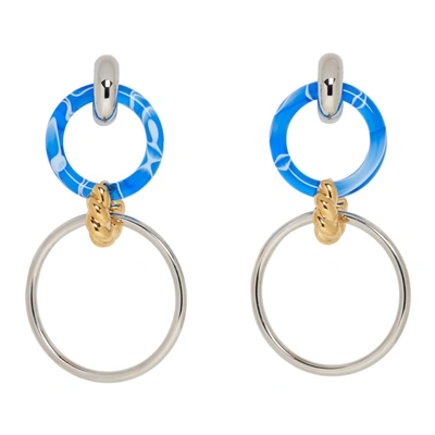 Shop Balenciaga Silver & Blue Triple Hoop Earrings