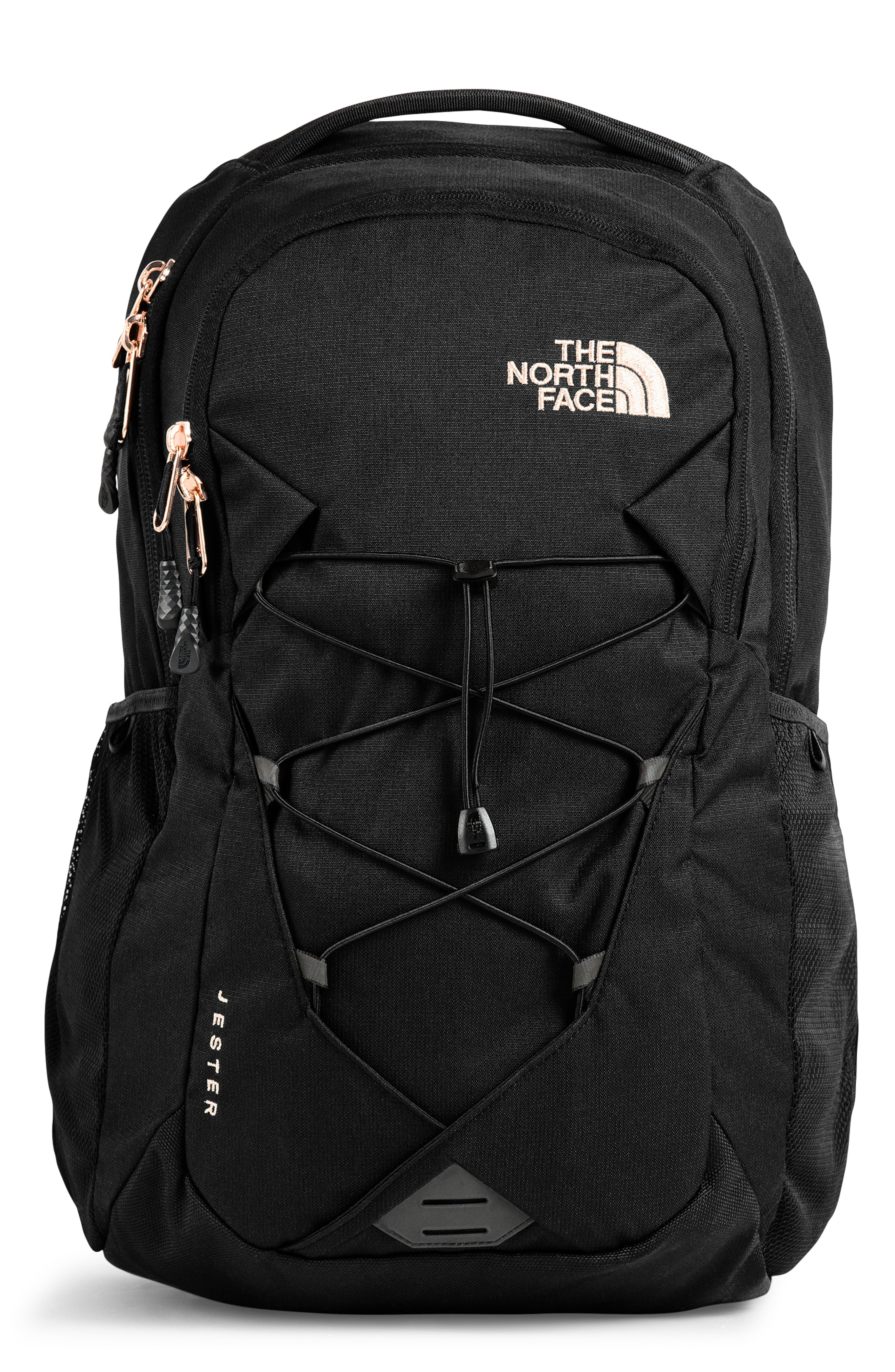 black and coral north face backpack