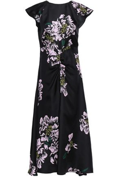 Shop Paper London Dutch Ruched Floral-print Silk-twill Midi Dress In Black
