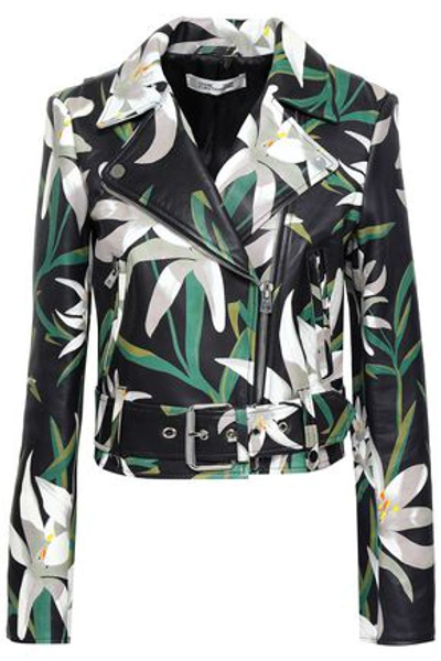 Shop Diane Von Furstenberg Floral-print Leather Biker Jacket In Black