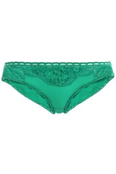 Shop Stella Mccartney Woman Lace-trimmed Stretch-jersey Mid-rise Briefs Green