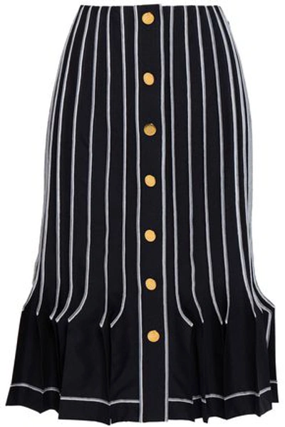 Shop Thom Browne Woman Striped Wool And Mohair-blend Skirt Midnight Blue