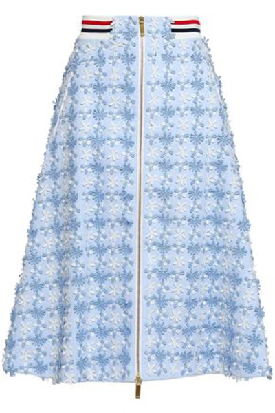 Shop Thom Browne Woman Floral-appliquéd Cotton-piqué Midi Skirt Sky Blue