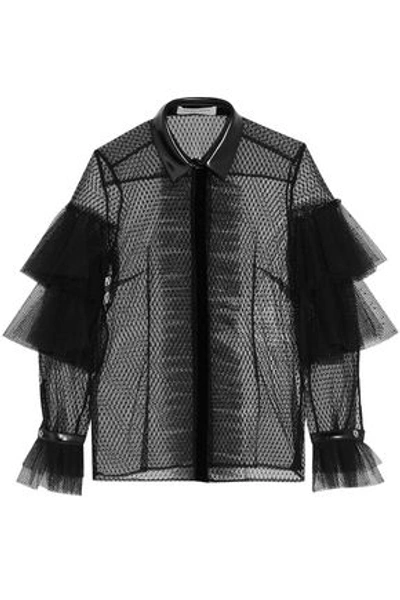 Shop Philosophy Di Lorenzo Serafini Woman Faux Leather-trimmed Ruffled Point D'esprit Shirt Black