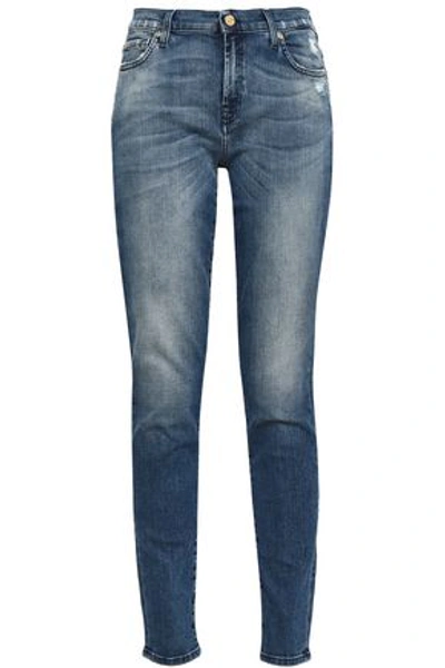 Shop 7 For All Mankind Woman Distressed Mid-rise Skinny Jeans Mid Denim