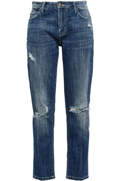 Shop Current Elliott Current/elliott Woman Distressed High-rise Straight-leg Jeans Mid Denim