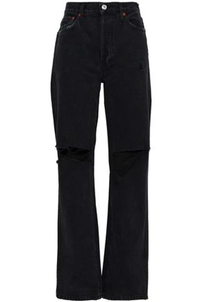 Shop Re/done Distressed High-rise Straight-leg Jeans In Black