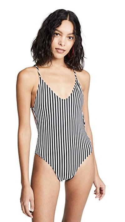Shop Norma Kamali Low Back Fara Mio Swimsuit In 1/4 Ivory/black Stripe