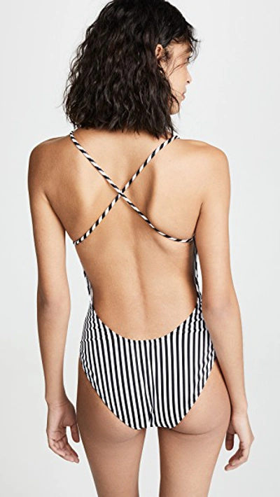 Shop Norma Kamali Low Back Fara Mio Swimsuit In 1/4 Ivory/black Stripe