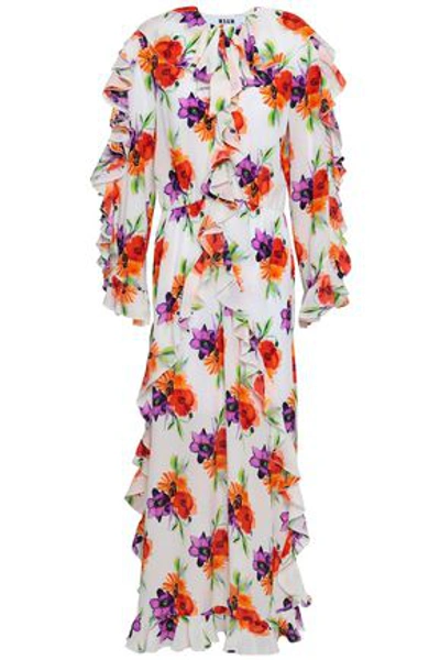 Shop Msgm Woman Floral-print Silk Crepe De Chine Maxi Dress White