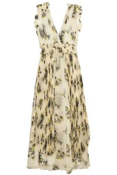 Shop Msgm Woman Pleated Ruffled Floral-print Silk-georgette Midi Dress Ivory
