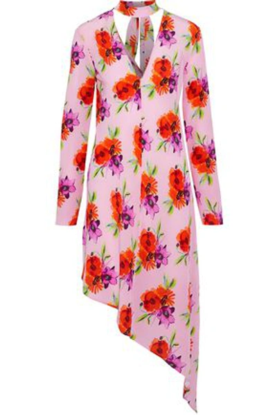 Shop Msgm Woman Asymmetric Floral-print Silk Midi Dress Pink