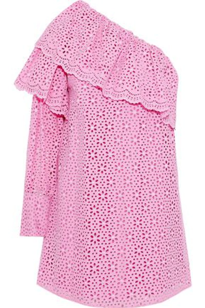 Shop Msgm Woman One-shoulder Ruffled Broderie Anglaise Cotton Mini Dress Pink
