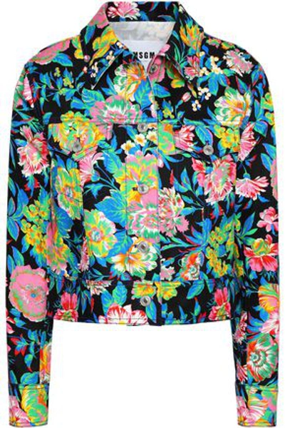 Shop Msgm Woman Floral-print Denim Jacket Black