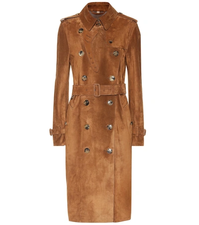 Shop Burberry Suede Trench Coat In Brown