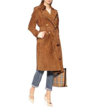 Shop Burberry Suede Trench Coat In Brown