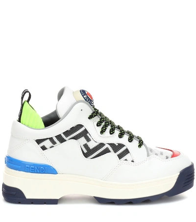 Shop Fendi T-rex Leather Sneakers In White