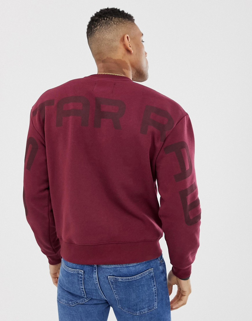 G Star Crew Neck Sweat With Exploded Back Logo Detail In Burgundy Red Modesens