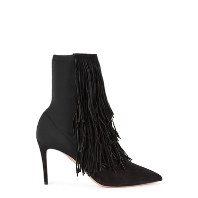 Shop Aquazzura Shake 85 Fringed Suede Ankle Boots In Black