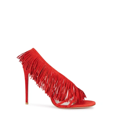 Shop Aquazzura Wild 105 Red Fringed Suede Sandals