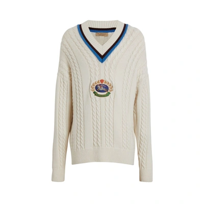 Shop Burberry Cashmere Cotton Cricket Sweater In Natural White