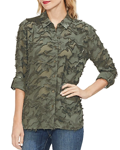 Shop Vince Camuto Fringed Camo Roll-tab Shirt In Military Green