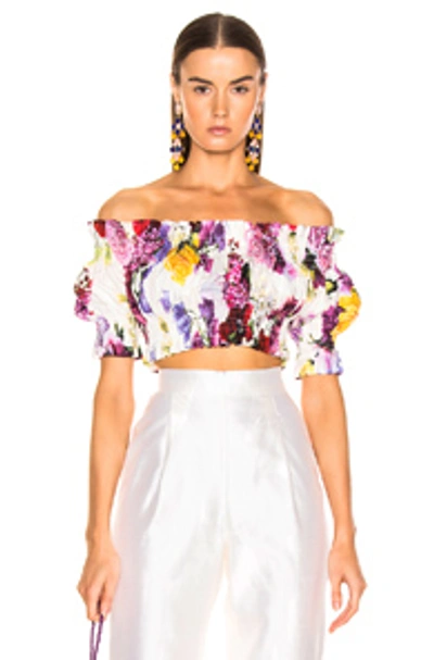 Shop Dolce & Gabbana Multi Floral Off The Shoulder Crop Top In White Multi